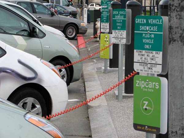 Three converted Prius Plug-In Hybrids charging at San Francisco City Hall