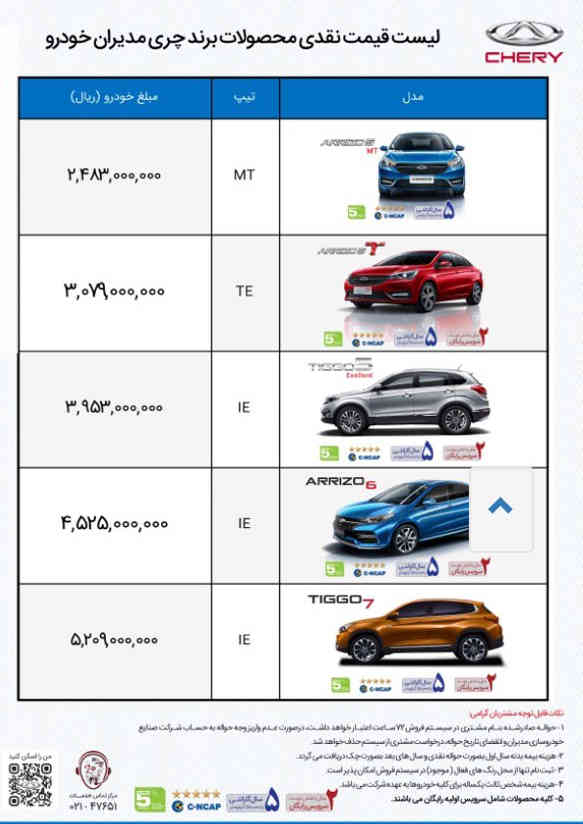 شرایط فروش محصولات چری مدیران خودرو اعلام شد+ جدول تغییرات قیمتی