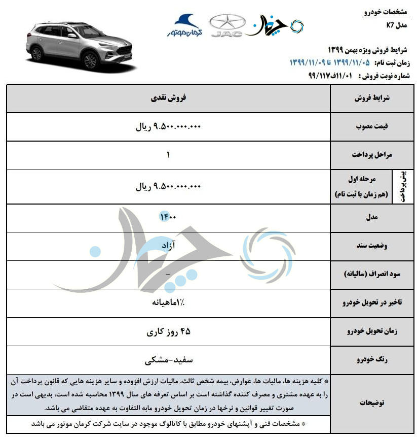 شرایط فروش خودرو KMC K7، توسط کرمان موتور اعلام شد