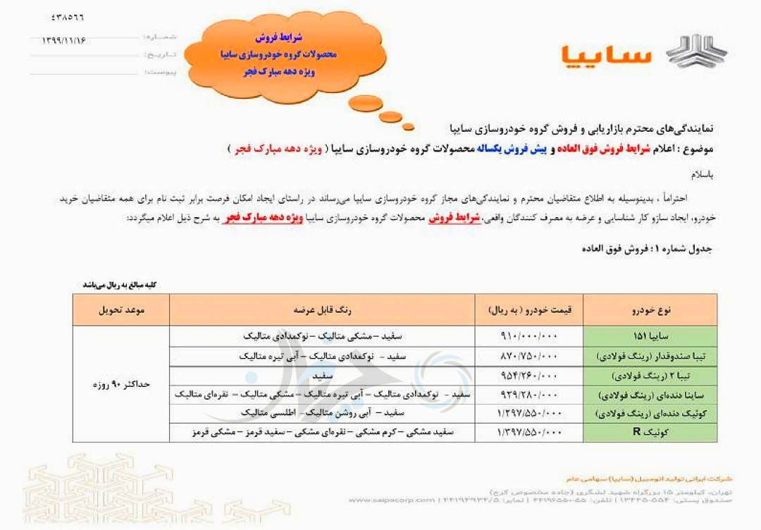 شرایط فروش فوق العاده جدید محصولات سایپا ویژه دهه فجر، اعلام شد