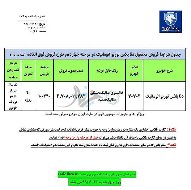 شرایط فروش فوق العاده دناپلاس توربو اتوماتیک، توسط ایران خودرو اعلام شد