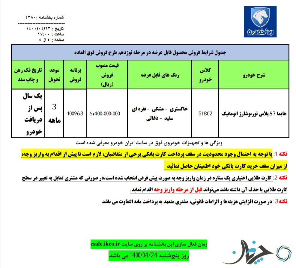 شرایط فروش فوق‌العاده هایما S7 پلاس ایران خودرو اعلام شد