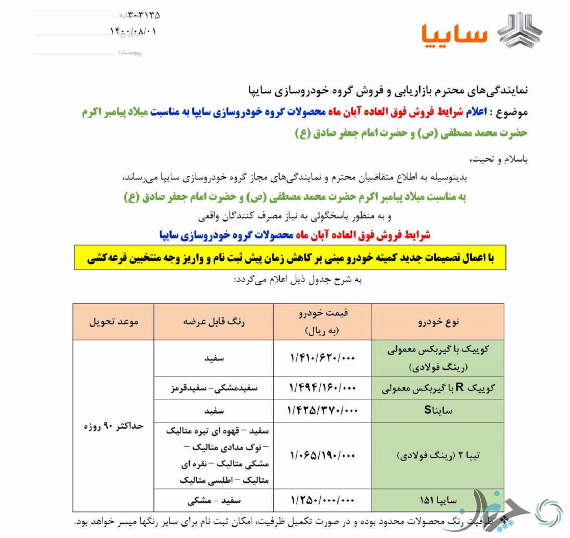 شرایط فروش فوق‌العاده محصولات‌سایپا به مناسبت ولادت پیامبر اکرم اعلام شد!