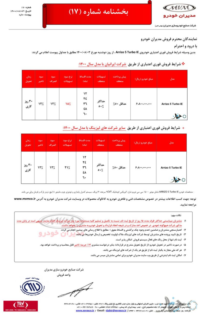 قیمت و اولین شرایط فروش آریزو5 توربو جدید اعلام شد!