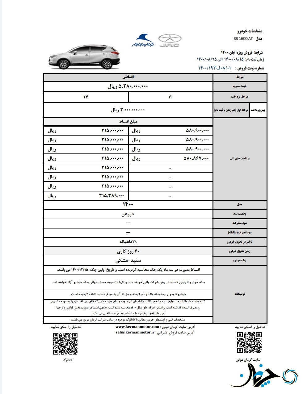 شرایط فروش اقساطی جک S3 ویژه آبان‌ماه 1400 توسط کرمان موتور اعلام شد!