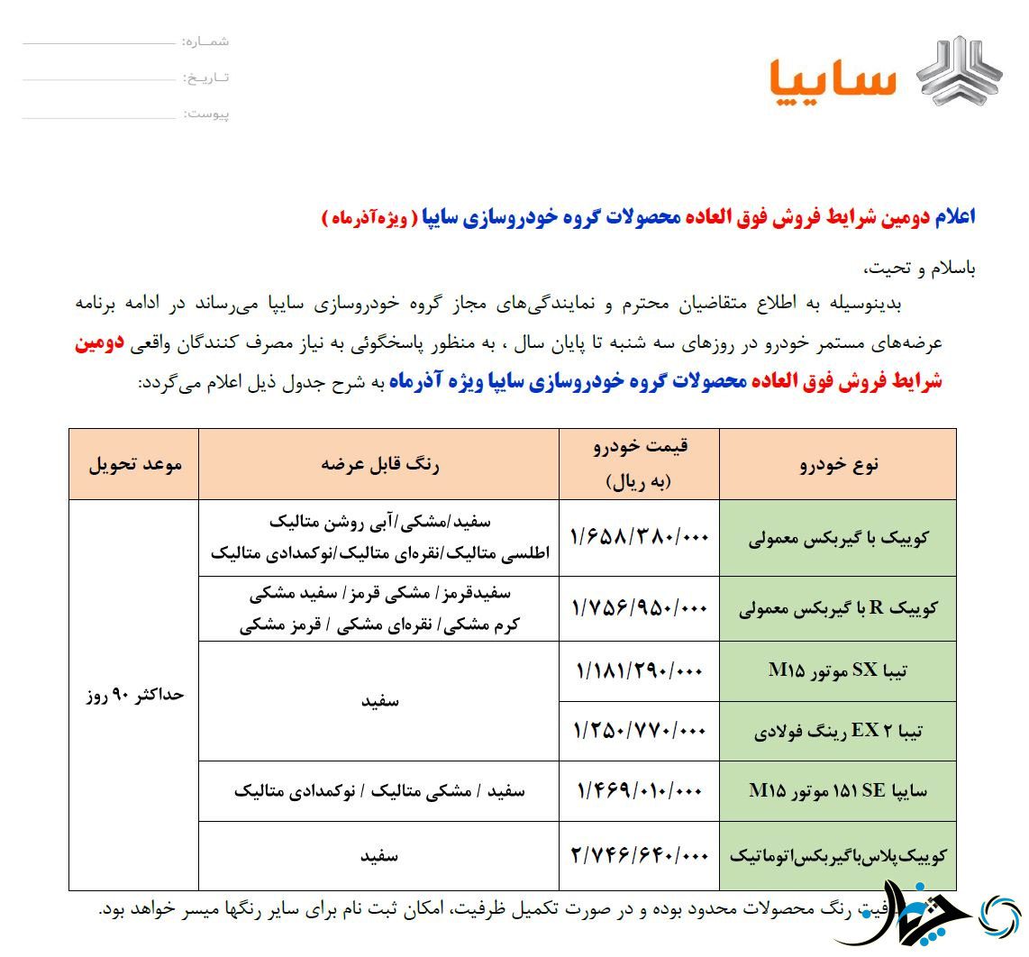 شرایط فروش فوق‌العاده برخی محصولات‌ سایپا برای دومین‌بار در آذرماه اعلام شد!