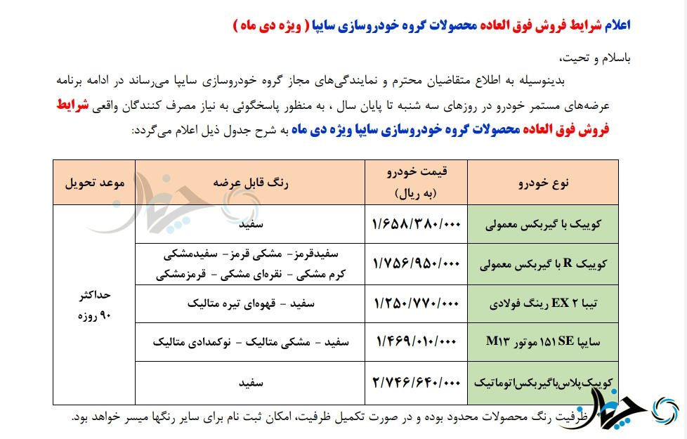 شرایط فروش فوق‌العاده برخی محصولات‌ سایپا ویژه دی‌ماه 1400 اعلام شد!