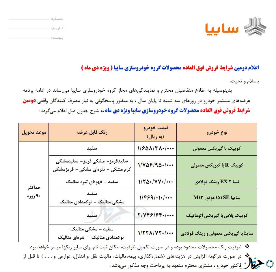 شرایط فروش فوق‌العاده برخی محصولات‌ سایپا برای دومین‌بار در دی‌ماه اعلام شد!