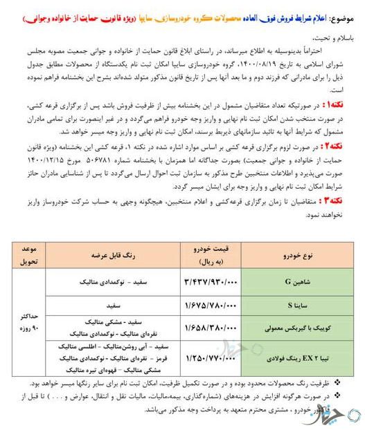 شرایط فروش فوق‌العاده برخی محصولات سایپا ویژه مادران دارای دو فرزند و بالاتر اعلام شد!
