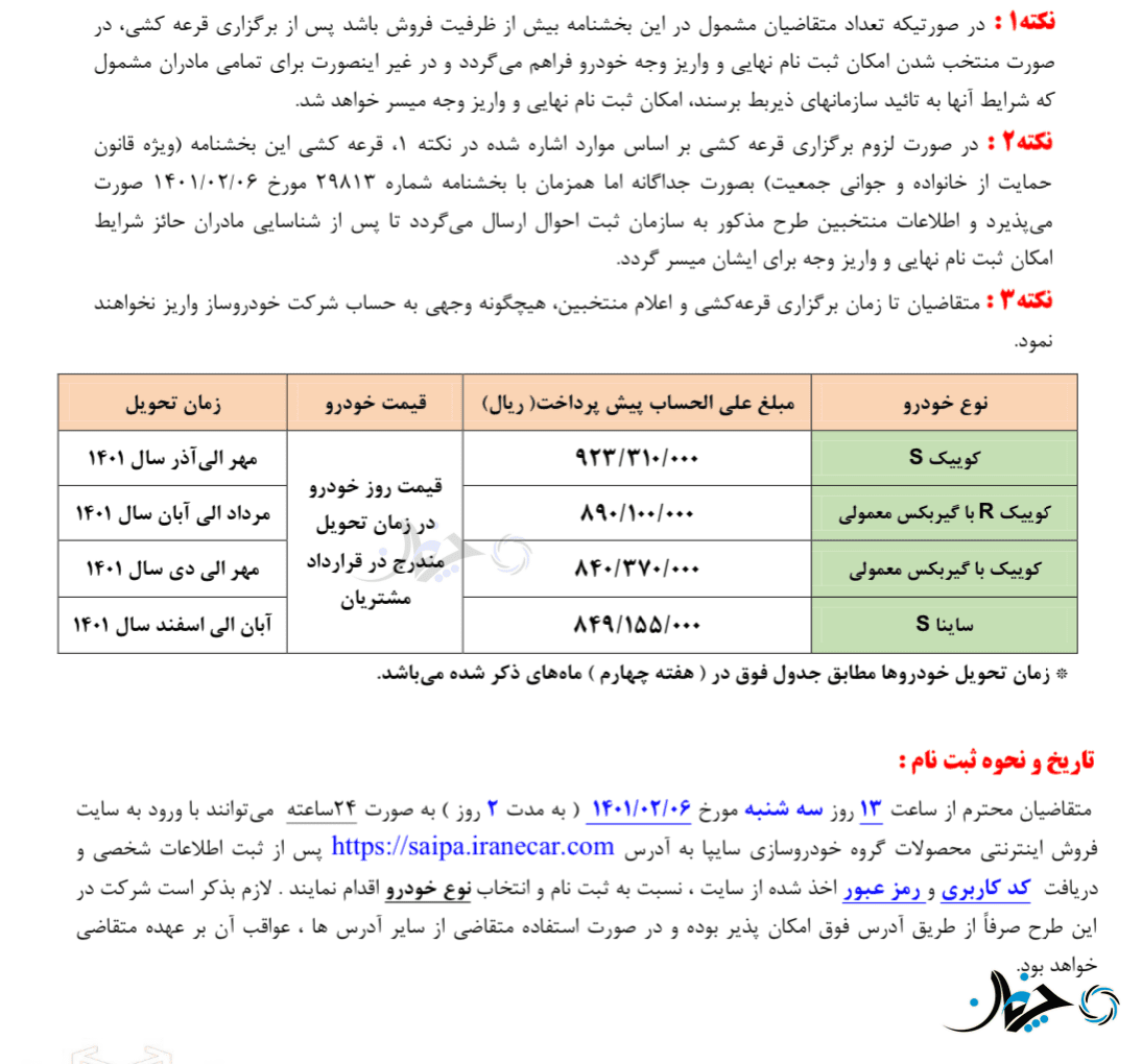 شرایط پیش فروش برخی از محصولات سایپا ویژه حمایت از خانواده اعلام شد!