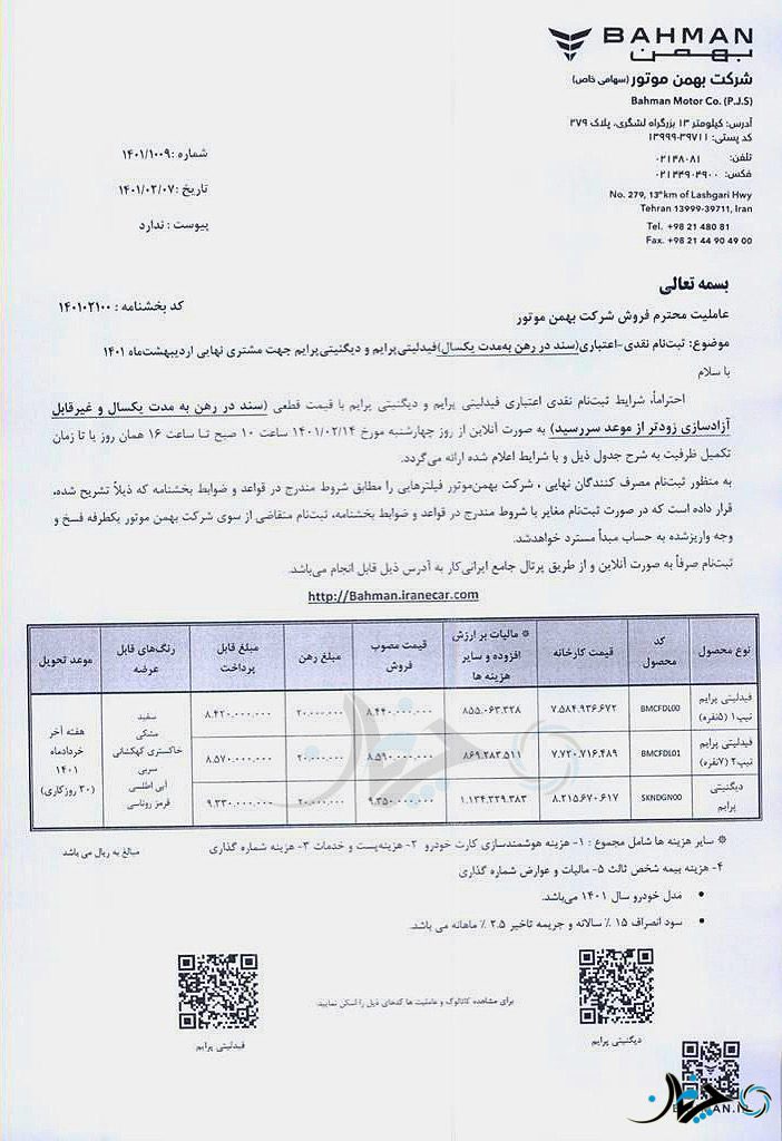 شرایط فروش فیدلیتی و دیگنیتی پرایم با افزایش قیمت توسط بهمن موتور اعلام شد!
