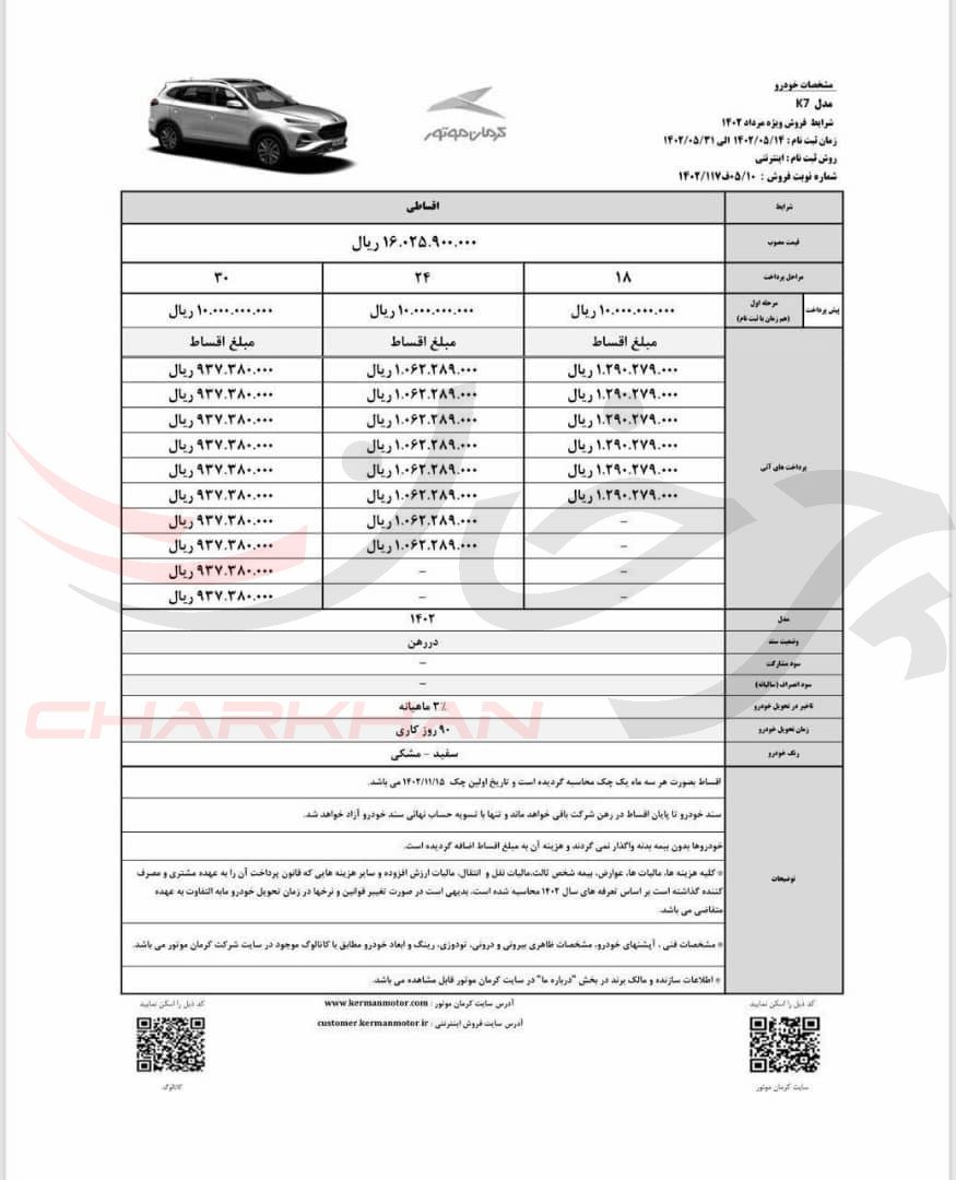 شرایط فروش اقساطی محصولات کرمان موتور ویژه مرداد 1402 اعلام شد فروش قسطی K7