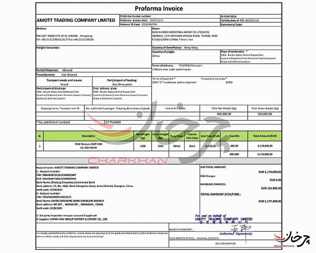قیمت و تعداد سفارش ایران خودرو از خودرو برقی فاو بستیون NAT E05 لو رفت پروفرما خرید خودرو برقی فاو بستیون نت ای 05 ایران خودرو - FAW BESTUNE NAT E05