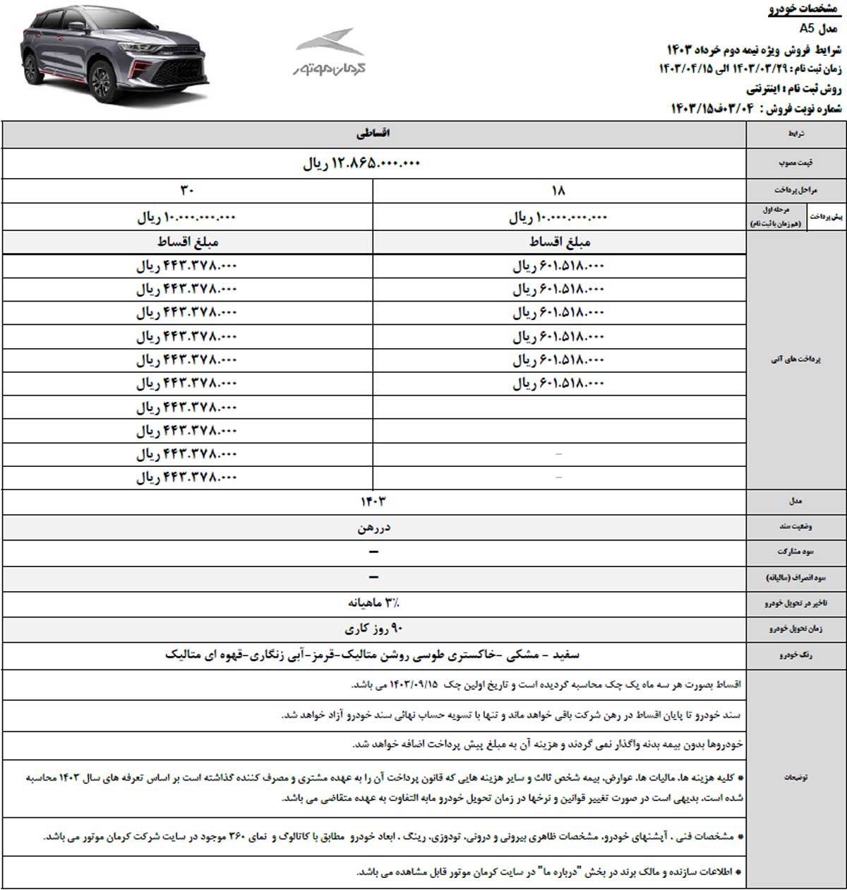 اعلام شرایط فروش نقدی و اقساطی سه محصول کرمان موتور