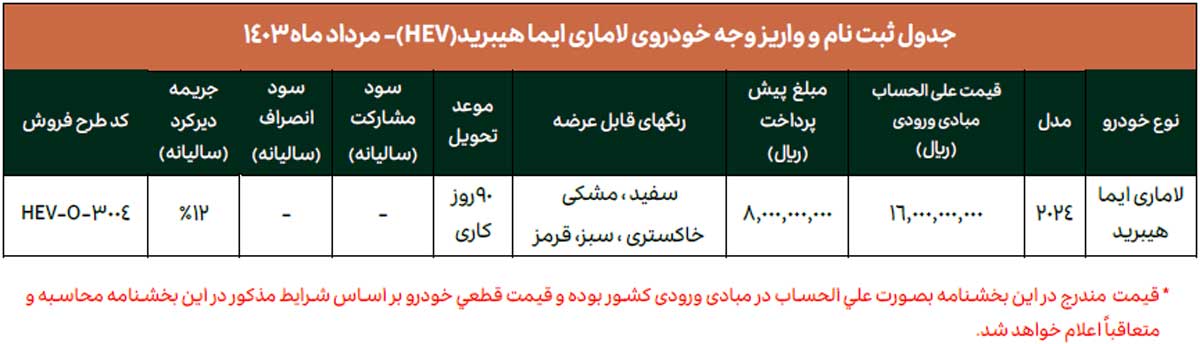 پیش‌فروش عادی لاماری ایما هیبریدی ویژه مرداد 1403