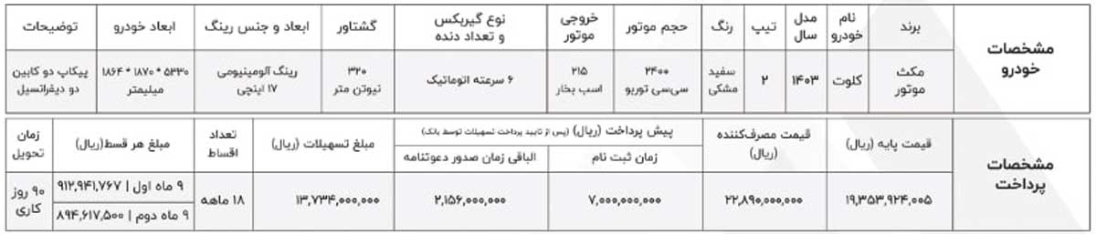 فروش پیکاپ کلوت اتوماتیک با تسهیلات بانکی