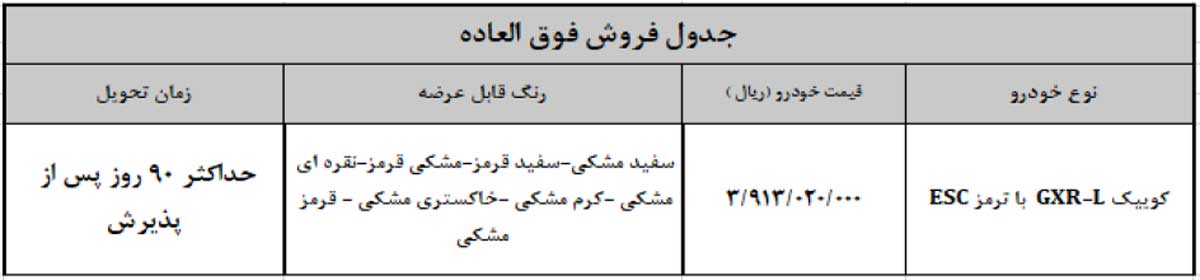 اعلام شرایط فروش فوق‌العاده خودرو كوییک GXR-L