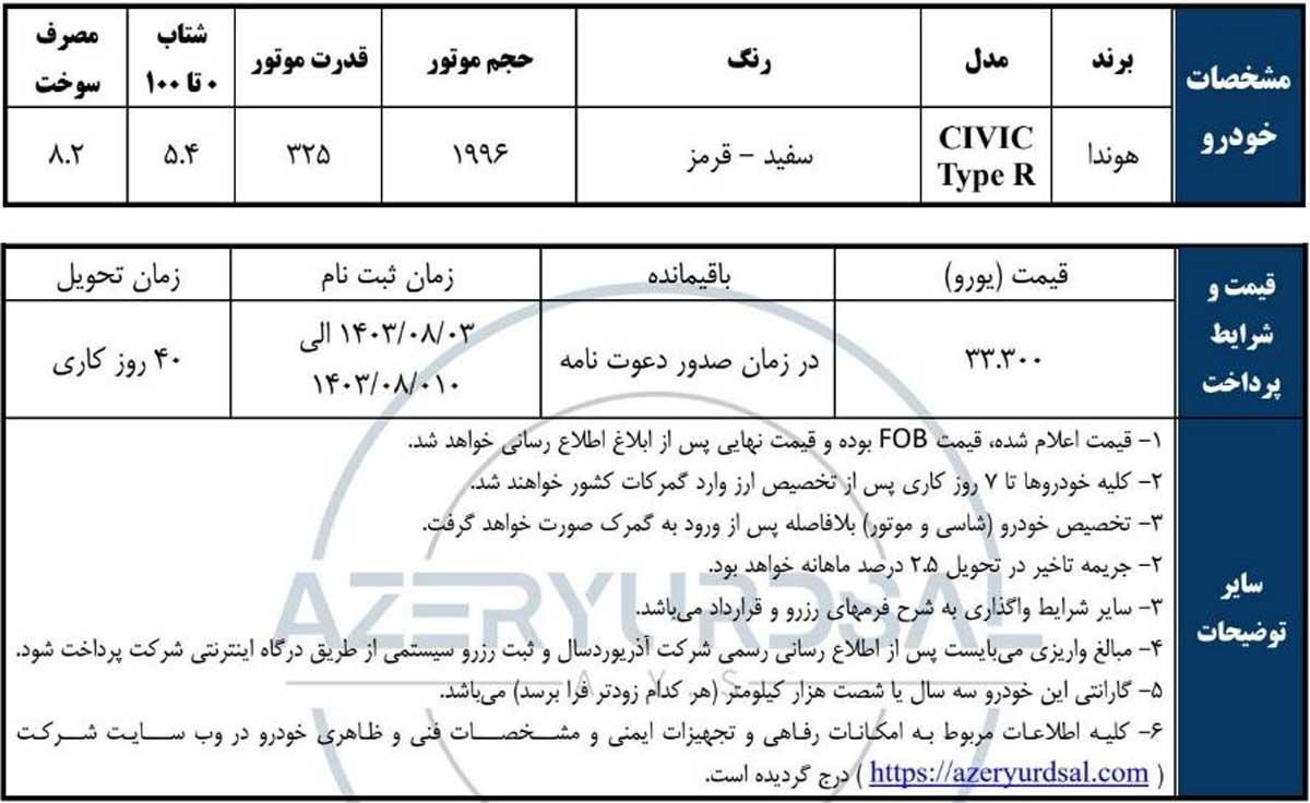 فروش فوری هوندا سیویک تایپ R و CR-V با تحویل 40 روزه