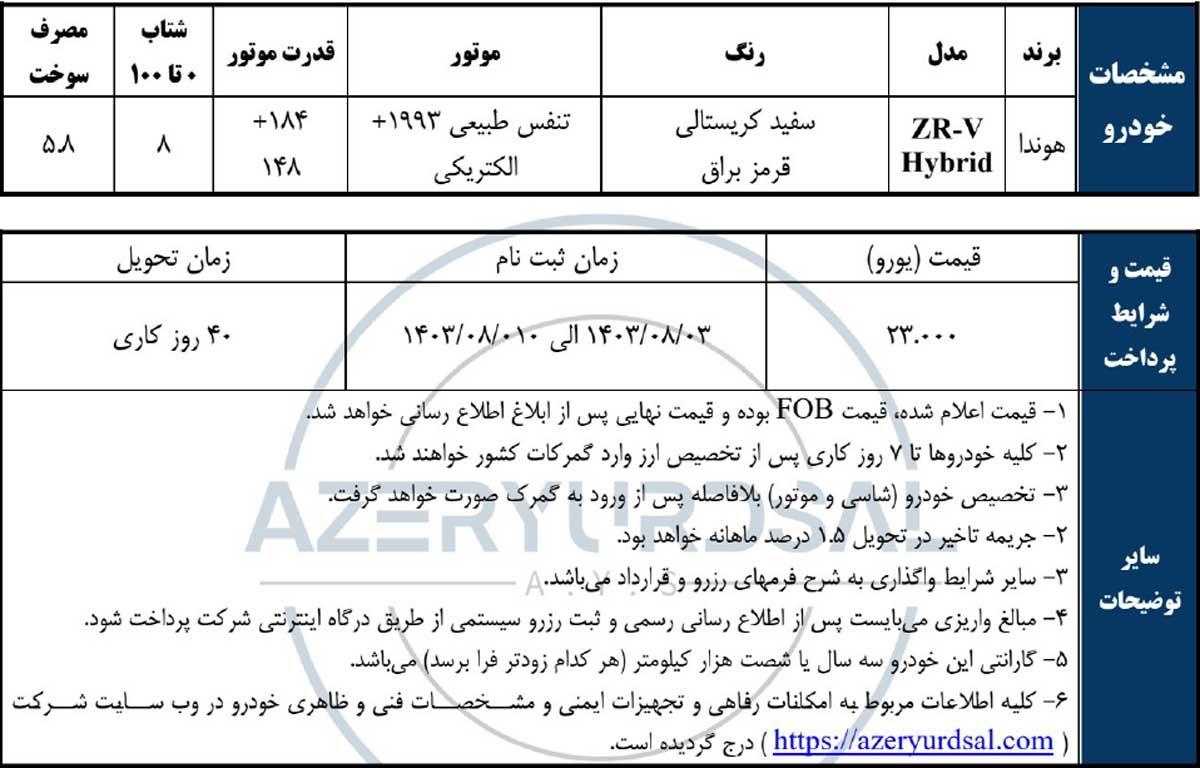 فروش فوری هوندا ZR-V هیبرید ویژه جانبازان