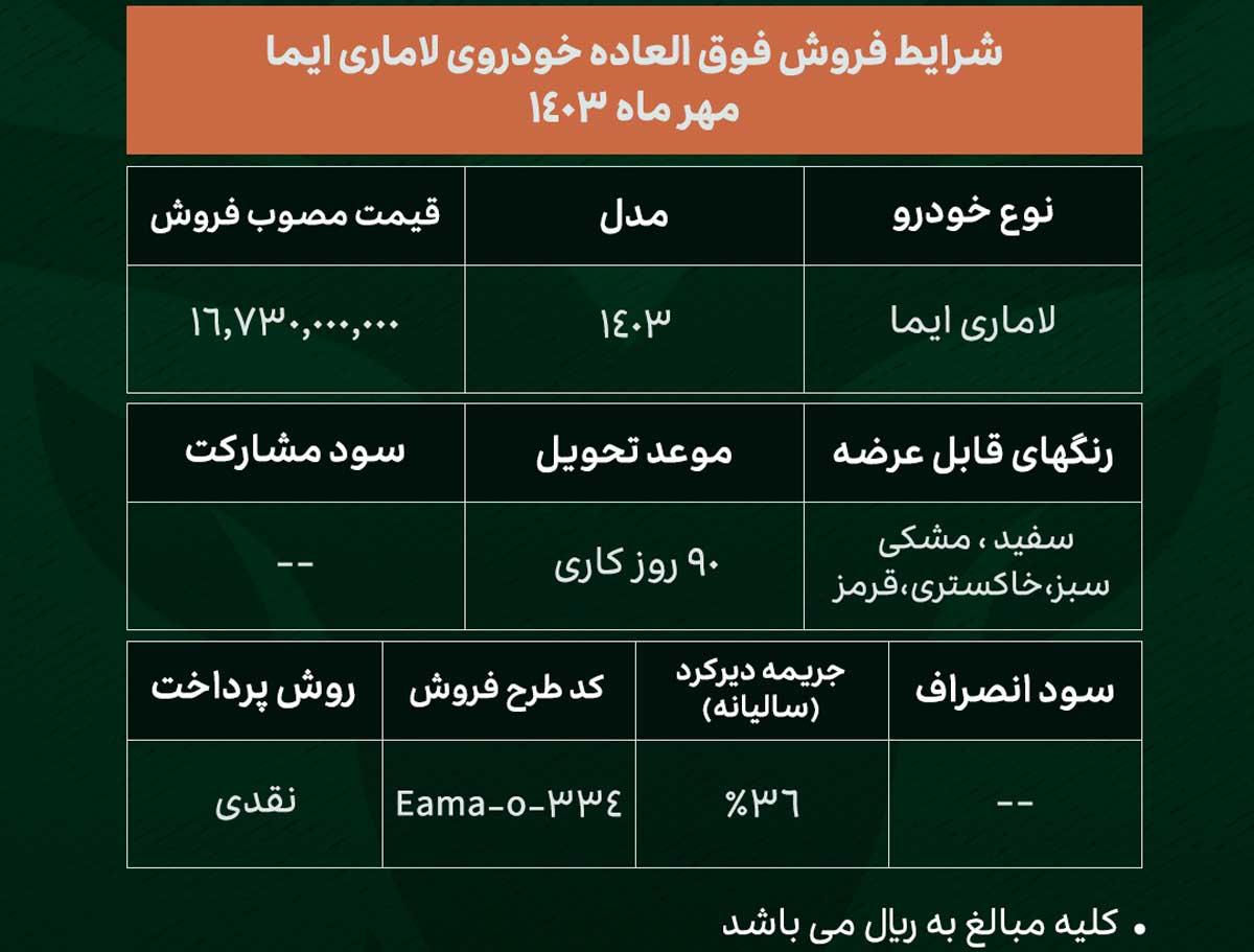 آغاز فروش فوری خودرو لاماری ایما مهر 1403