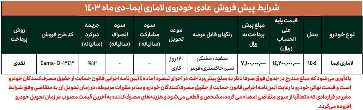 پیش‌فروش لاماری ایما ویژه دی‌ماه 1403