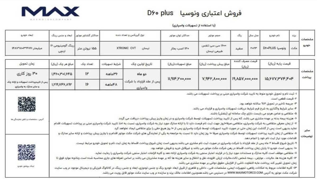 شرایط فروش اعتباری ونوسیا D60 پلاس مکث موتور اعلام شد