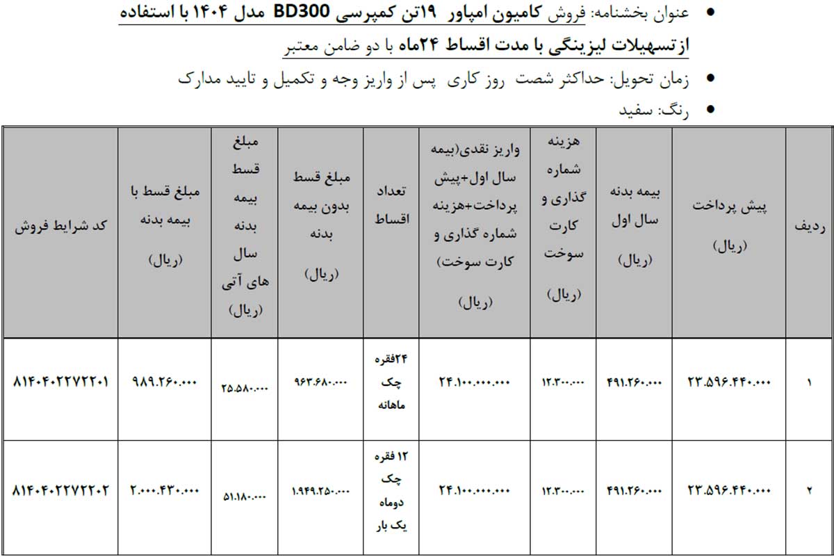 شرایط فروش اقساطی محصولات بهمن دیزل