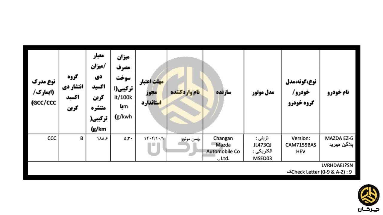 گواهی تایید نوع مزدا ای زد 6 MAZDA EZ-6 بهمن موتور