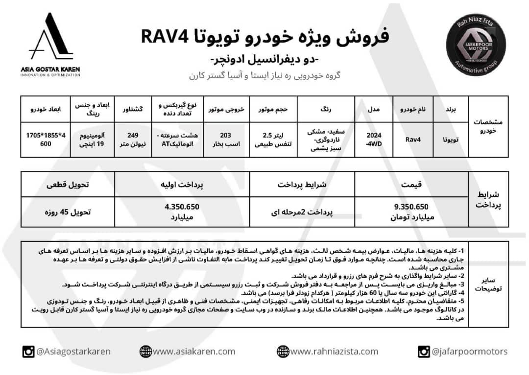 فروش ویژه تویوتا Rav4 آسیا گستر کارن