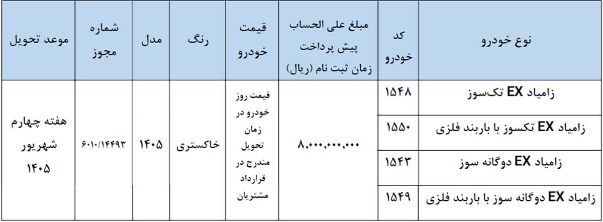 شرایط فروش وانت زامیاد EX، خرداد 1405 شرایط فروش وانت زامیاد EX