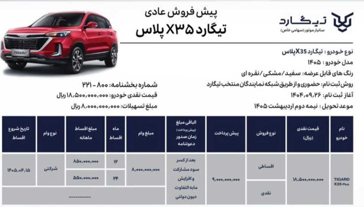 شرایط فروش تیگارد X35