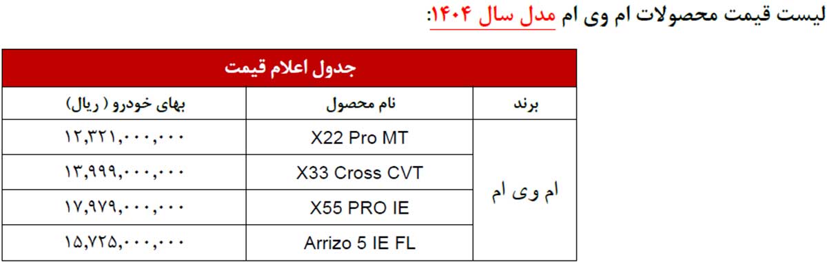 شرایط فروش مدیران خودرو، ام وی ام، فونیکس، اکستریم، شهریور 1404