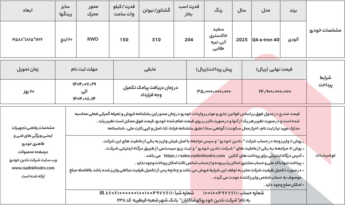  عرضه آئودی Q4 e-Tron نادین خودرو با قیمت قطعی