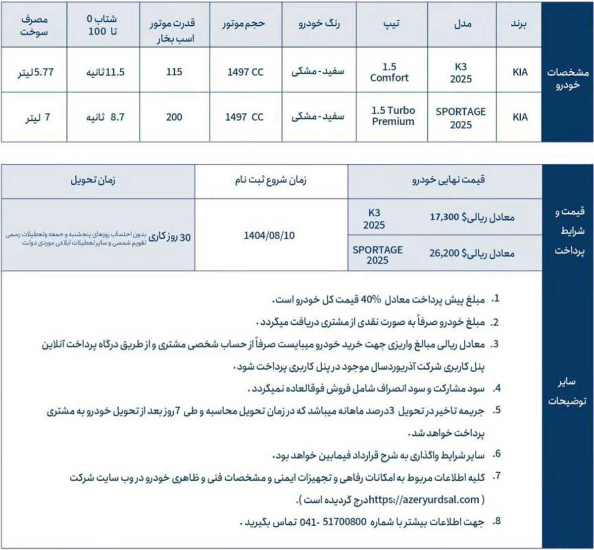 فروش فوری محصولات کیا آذریوردسال