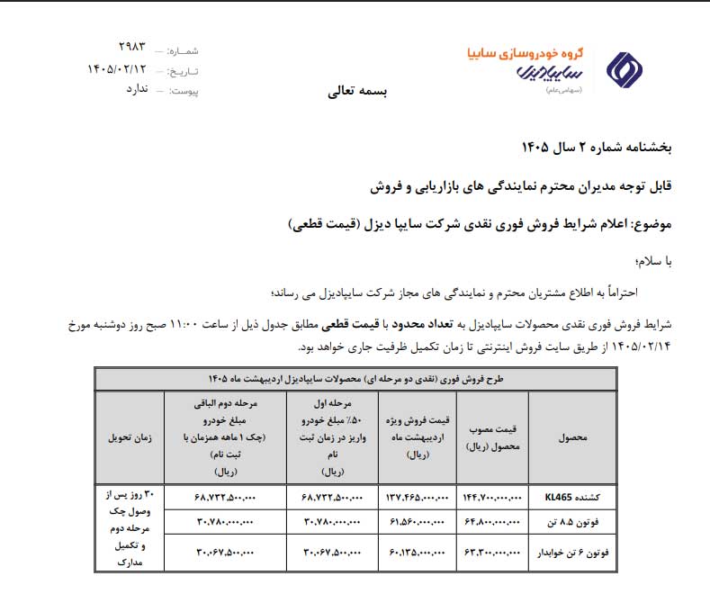 آغاز فروش فوری نقدی و اعتباری محصولات سایپادیزل + بخشنامه