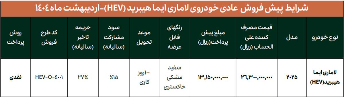 شرایط پیش‌فروش لاماری ایما هیبریدی
