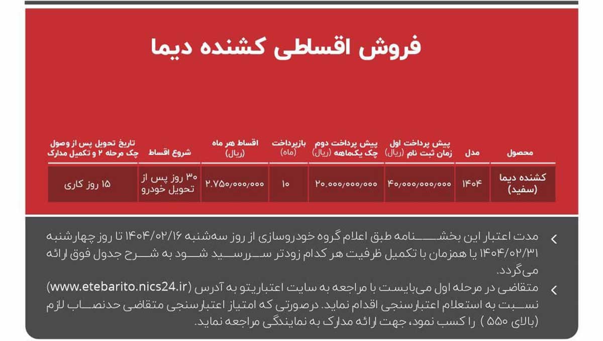 شرایط فروش اقساطی محصولات دیما