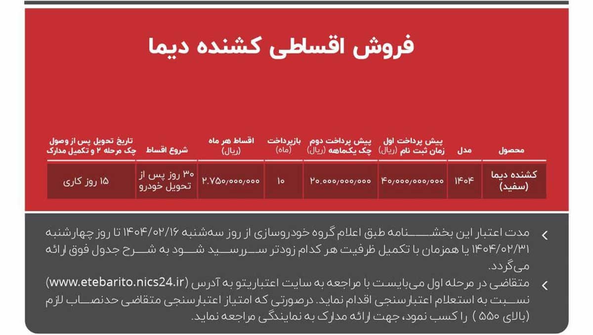 شرایط فروش اقساطی محصولات دیما