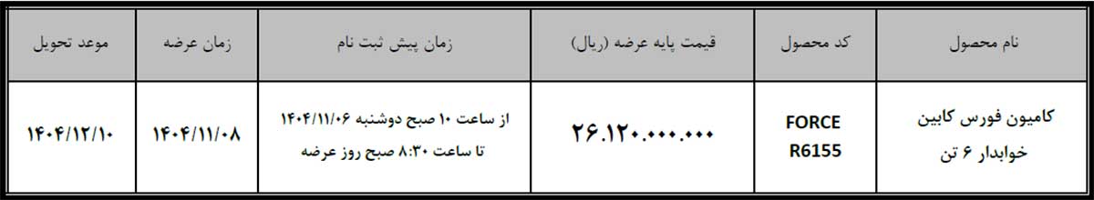 کامیون فورس کابین خوابدار ۶ تن