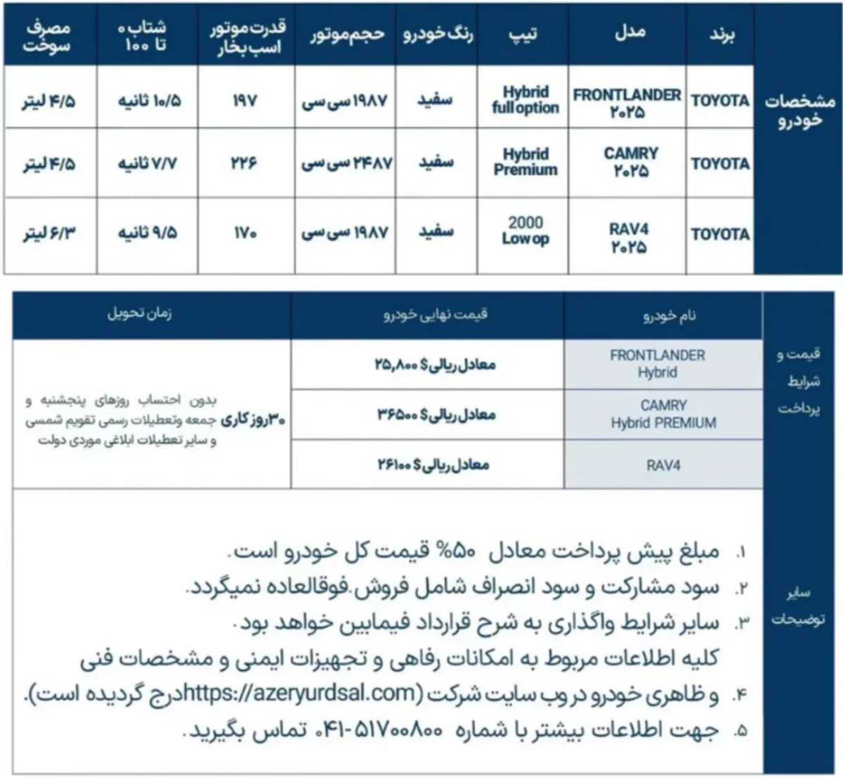 فروش فوری محصولات تویوتا آذریوردسال شرایط فروش فوری خودروهای تویوتا آذریوردسال