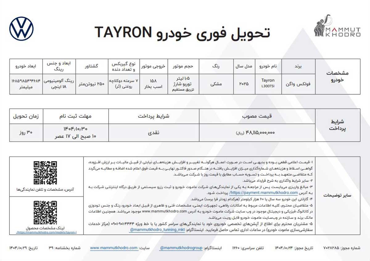 شرایط فروش فولکس واگن تایرون