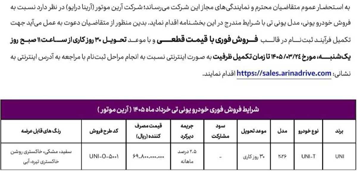 شرایط فروش چانگان یونی تی