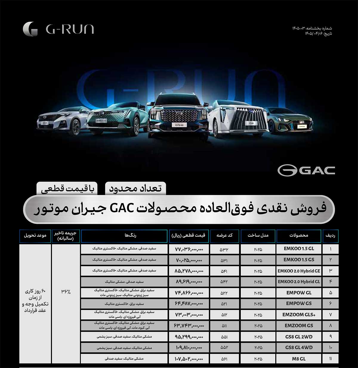 فروش خودروهای GAC جیران موتور
