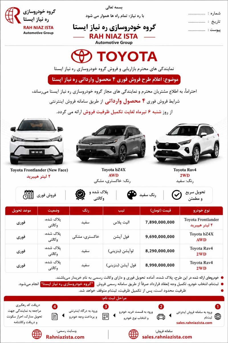 فروش فوری ۴ مدل تویوتا وارداتی توسط ره نیاز ایستا آغاز شد + جدول قیمت و جزئیات