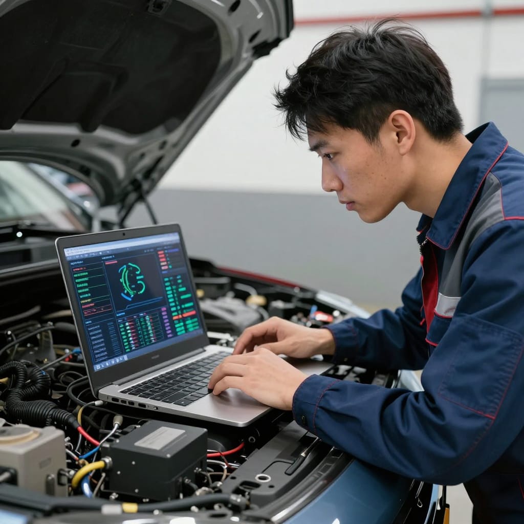 ECU چیست و چگونه کار میکند؟ تکنسین در حال خواندن دادههای زنده از ECU با لپتاپ