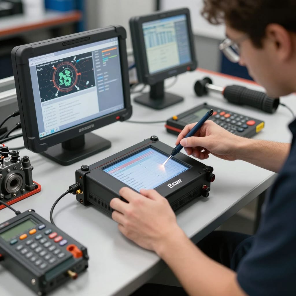 ECU چیست و چگونه کار میکند؟ صحنه تعمیرگاهی تیونینگ ECU در کنار ابزارهای تشخیصی و موتور