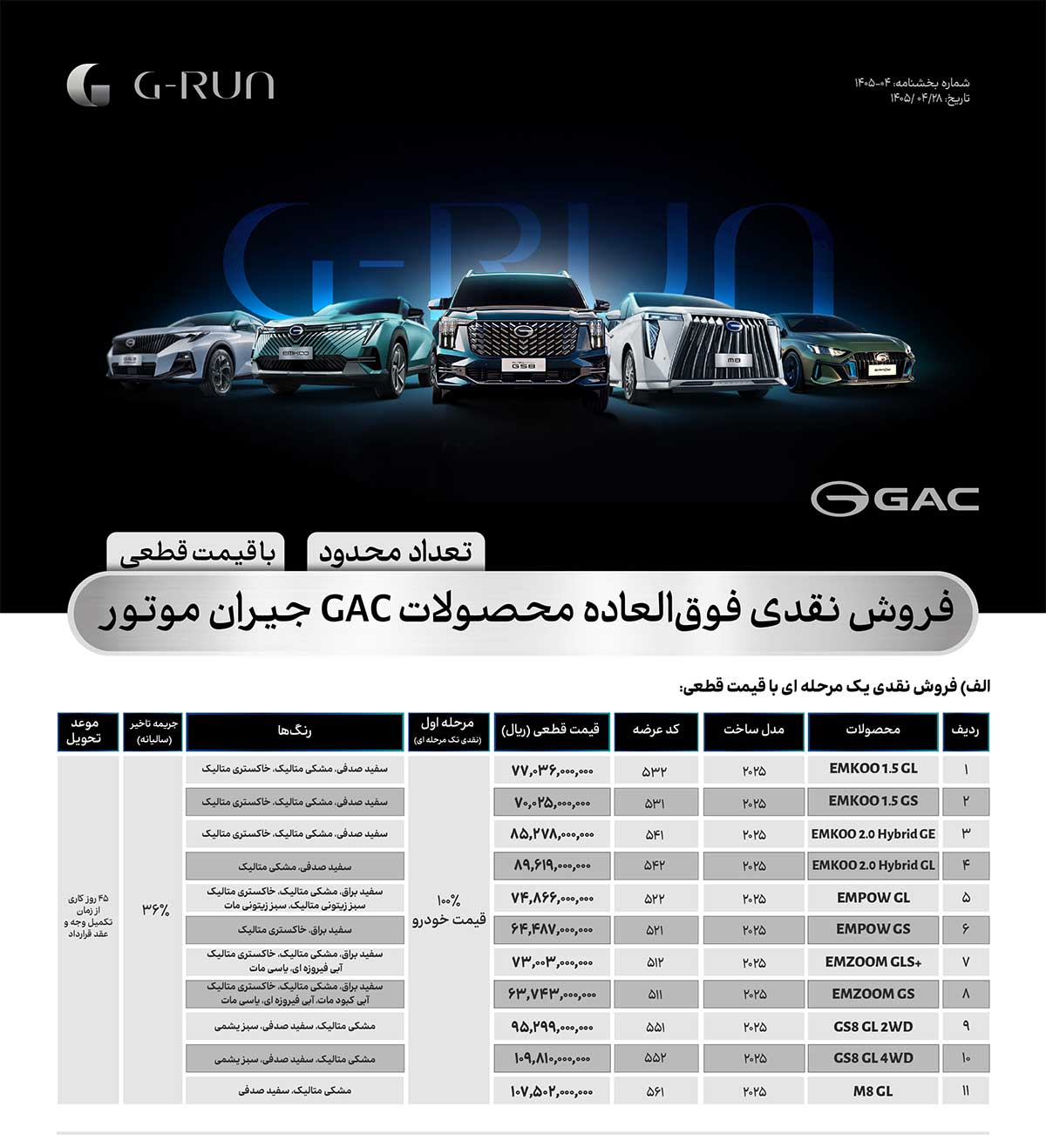 فروش خودروهای GAC جیران موتور 