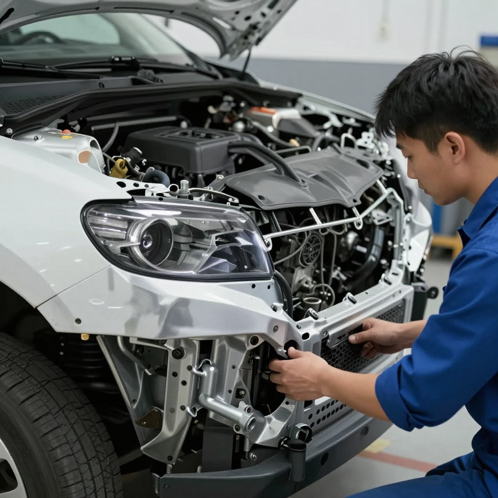 تکنسین در تعمیرگاه در حال بررسی منطقه خرد شونده (crumple zone) خودرو