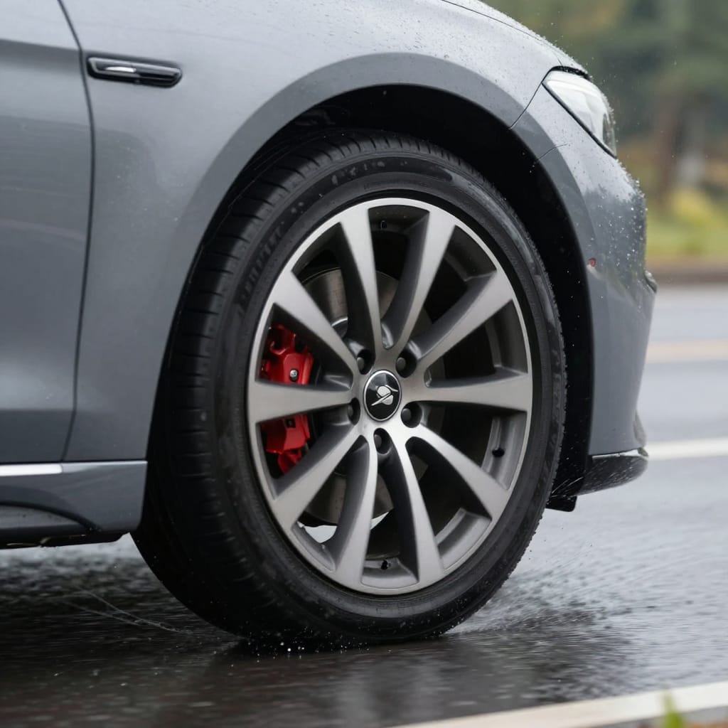 چگونه لغزش کنترلی (oversteer و understeer) را تشخیص دهیم و خودرو را کنترل کنیم نمای بیرونی خودرو در حال understeer با لغزش جلوی خودرو روی آسفالت خیس