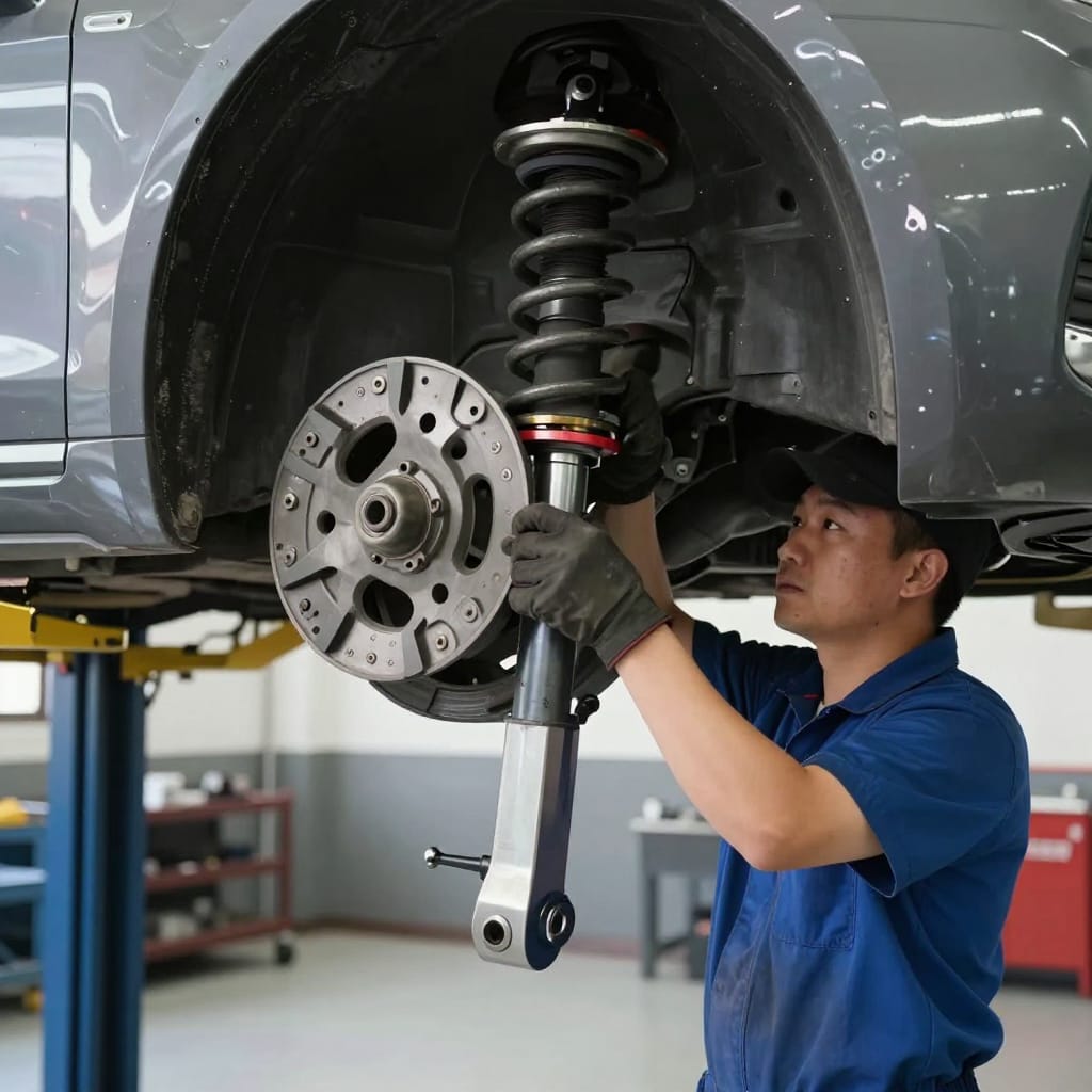 چگونه لغزش کنترلی (oversteer و understeer) را تشخیص دهیم و خودرو را کنترل کنیم مکانیک در حال بررسی تعلیق و تنظیمات برای جلوگیری از لغزش کنترلی